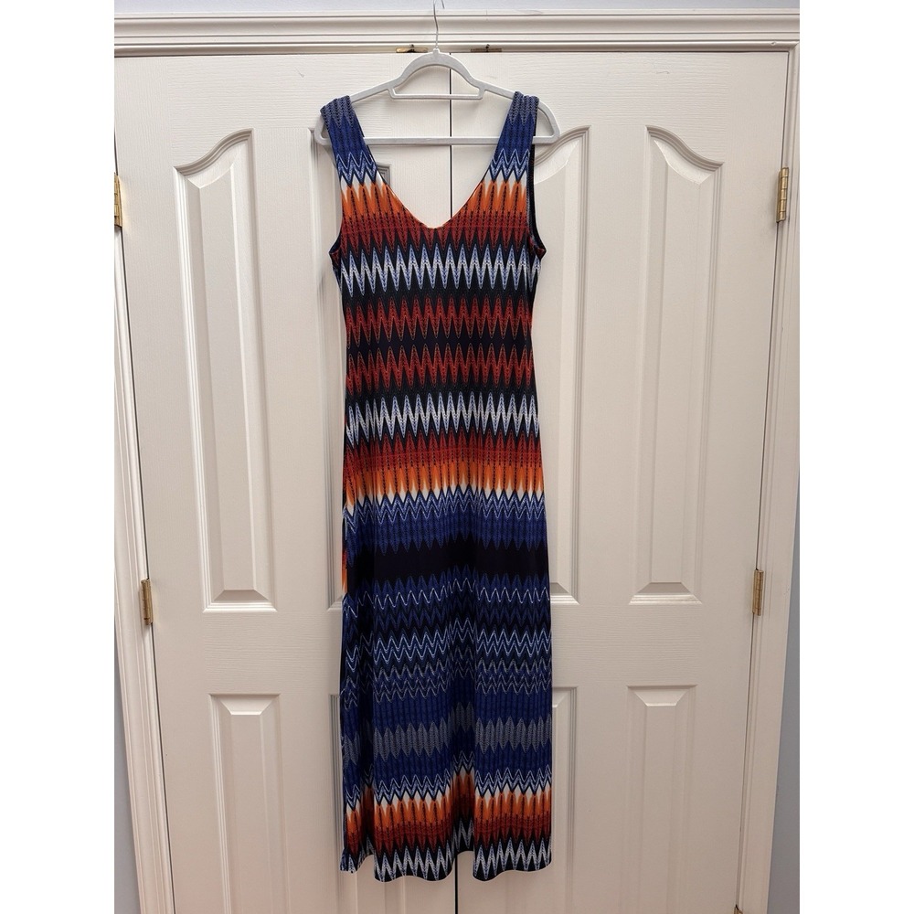 Chevron print v-neck maxi dresses STRETCHY, Size XL, BLUE MULTI